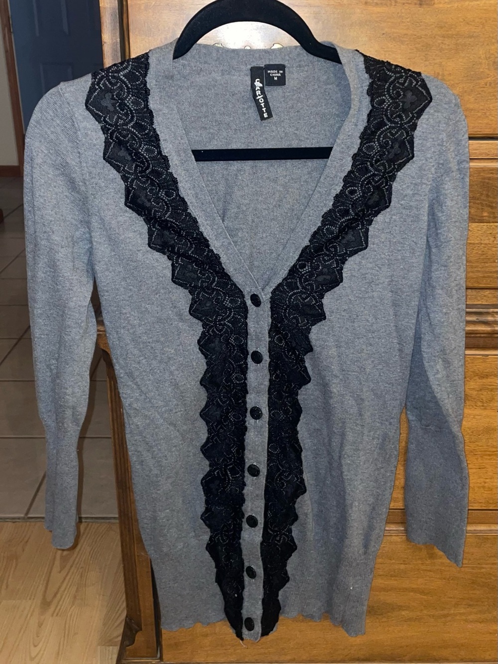 Charlotte Tarantola Gray Cardigan Sweater with Black Lace Trim